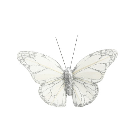 8cm White/Silver Feather & Glitter Butterfly (Pack of 12)