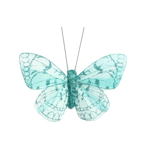 8cm Turquoise Feather & Glitter Butterfly (Pack of 12)