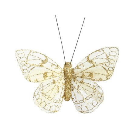 8cm Cream/Gold Feather & Glitter Butterfly (Pack of 12)