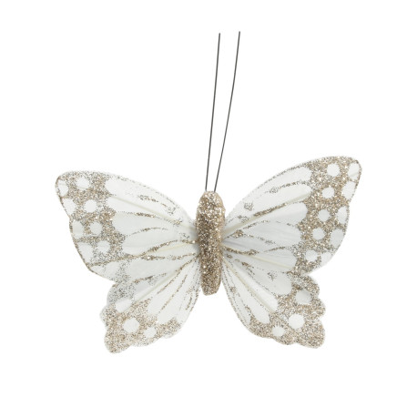 9cm Golden Ivory Feather & Glitter Butterfly  (Pack of 12)