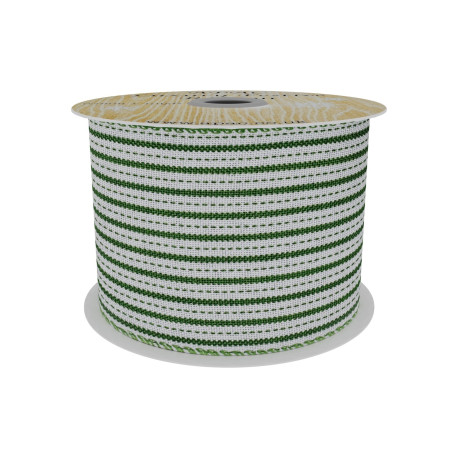 White and Green Striped Fabric Ribbon (63mm x 9m)