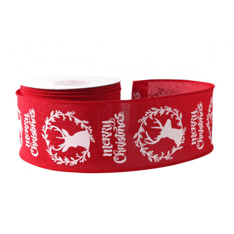 Red with White Wreath Merry Christmas Ribbon (63mm x 10yds)