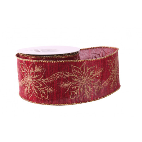 Red with Gold Poinsettia Ribbon (63mm x 10yds)