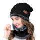 Beanie Hat Scarf Set Neck Cover Winter Warm Fleece Knitted Thick Ski Cap - Black