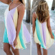 Women Colored Chiffon Stitching Mini Dress Beach Dress Bikini Cover Up Kaftan Swing Sundress - 3XL