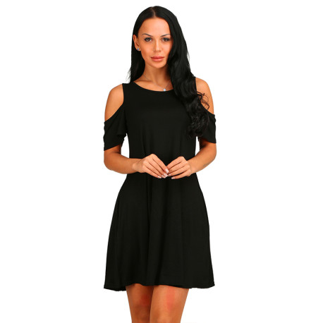 Women Summer Casual Spaghetti Strap Off Shoulder Ruffle Sleeves Shift Loose Mini Dress with Pockets - Black