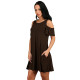 Women Summer Casual Spaghetti Strap Off Shoulder Ruffle Sleeves Shift Loose Mini Dress with Pockets - Coffee