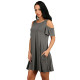 Women Summer Casual Spaghetti Strap Off Shoulder Ruffle Sleeves Shift Loose Mini Dress with Pockets - Grey