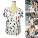 Plus Size Feather Printed T Shirts Short Sleeve Loose Blouse Tops Casual Shirts - White 3XL