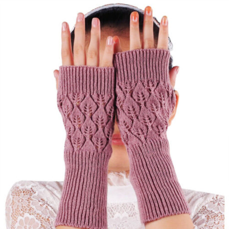 Winter Arm Hand Warmer Knitted Long Fingerless Gloves Soft Mittens for Female - Pink