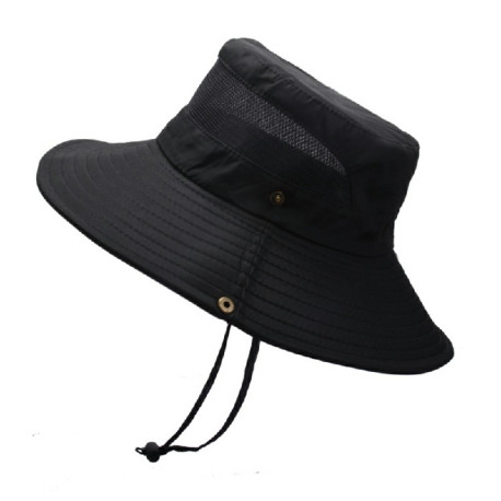 Wide Brim Summer UV Protection Sun Hat Safari Boonie Hat Foldable Fishing Hat with Adjustable Chin Strap - Black