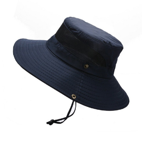 Wide Brim Summer UV Protection Sun Hat Safari Boonie Hat Foldable Fishing Hat with Adjustable Chin Strap - Navy