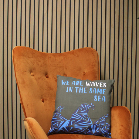 3x Printed Cotton Cushion Cover - We are Waves - Grey, Blue and Natural