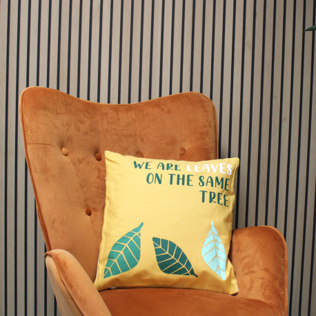 3x Printed Cotton Cushion Cover - We are Leaves - Yellow, Blue and Natural