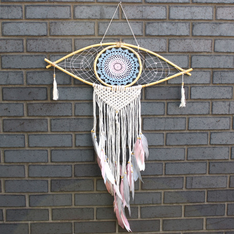 Protection Dream Catcher - Lrg Macrame Eye Blue/ White/Pink