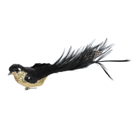 Black & Gold Sequin & Glitter Bird with Clip (29cm)