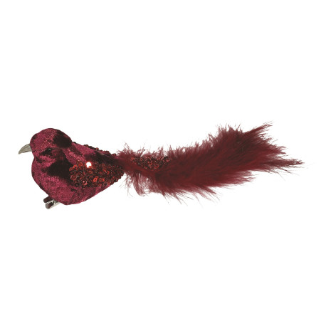 Burgundy Velvet Bird with Glitter and Clip (20cm)