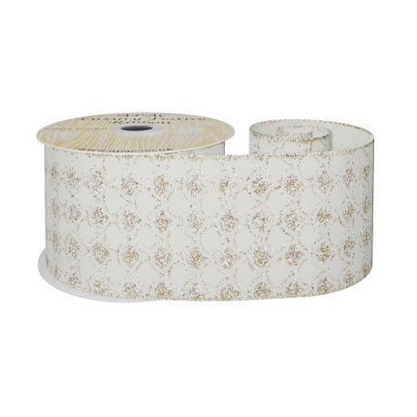 Cream Wired Ribbon with Gold Scalloped Detailing (63mm x 10 yards)