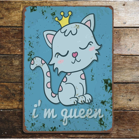 i'm queen cat crown blue - Metal Wall Sign Plaque