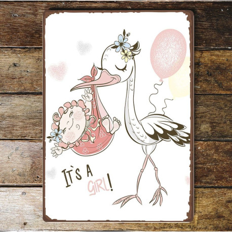 Its A Girl Stork Balloon Metal Wall Sign Plaque