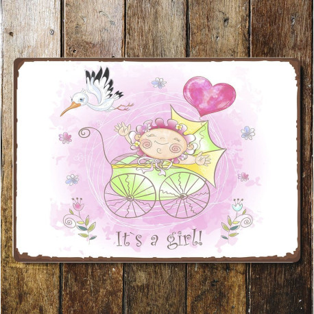 Its A Girl Stork Pushchair Metal Wall Sign Plaque