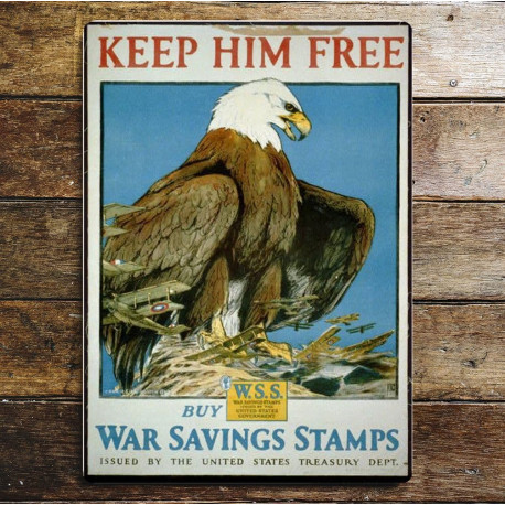 Keep Him Free Buy War Saving Stamps - Metal Propaganda Wall Sign