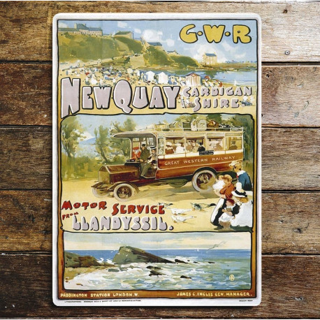 Newquay Cardiganshire Wales Motor Service GWR - Metal Travel Wall Sign