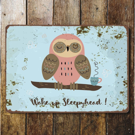 owl sleepy wake up head - Metal Wall Sign Plaque