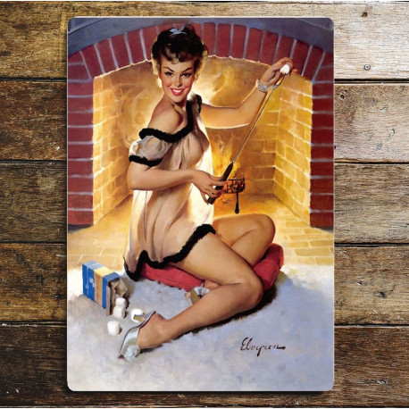 Pin Up Girl Fire Place Marshmallow - Metal Personalised Art Wall Sign