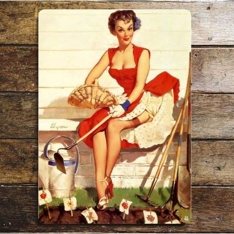 Pin Up Girl In Garden - Metal Personalised Art Wall Sign