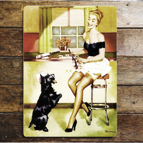 Pinup Girl Kitchen Dog Terrier Scottie Cleaning  - Metal Pin Up Wall Sign