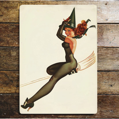 Pinup Girl Witch Broom - Metal Humour Wall Sign