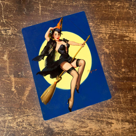 Pinup Girl Witch Broom Moon - Metal Humour Wall Sign