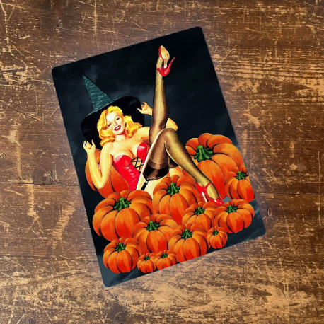 Pinup Girl Witch Pumpkin Patch - Metal Humour Wall Sign