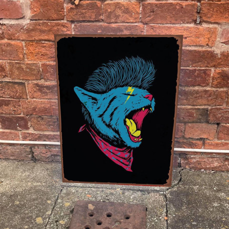 Punk Rock Cat Blue Bowie Lightening Bolt  - Metal Art Wall Sign