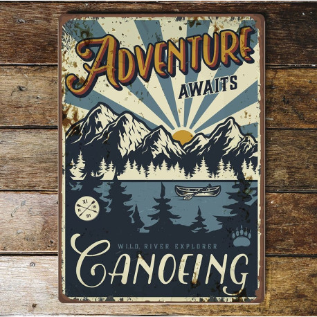 Retro Adventure Awaits Canoeing - Metal Wall Sign Plaque