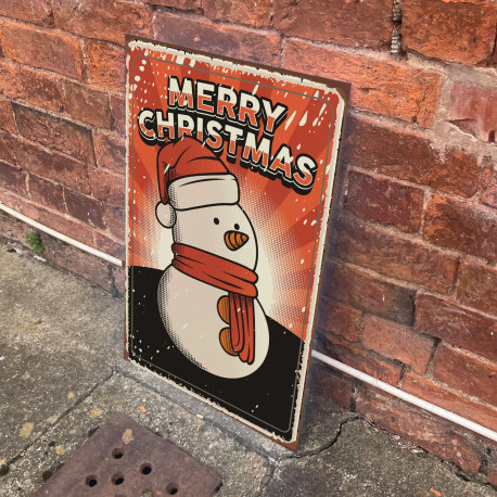 Retro Snowman Merry Christmas  - Metal Advertising Wall Sign