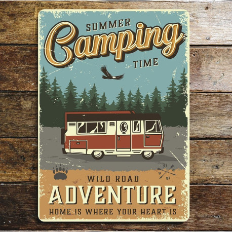 Retro Summer Camping Time Adventure  - Metal Wall Sign Plaque