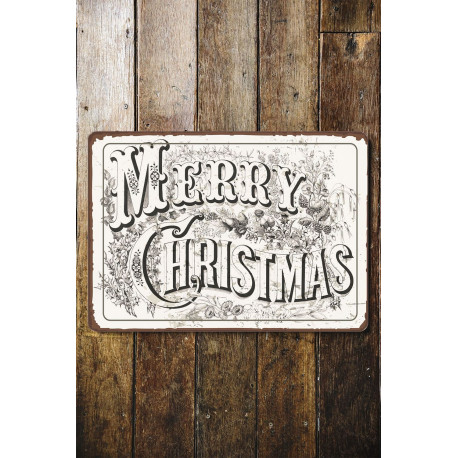 Vintage Merry Christmas Typography - Metal Christmas Wall Sign - Vintage Christmas Art