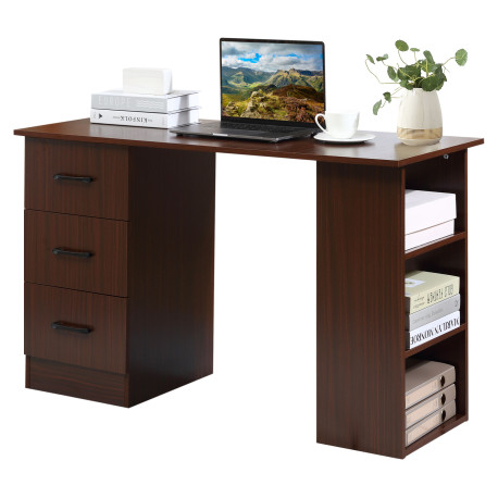 Computer Desk, Writing Table, PC Workstation with 3 Storage Shelves and Drawers, Black Handle, for Home Office, Walnut Brown