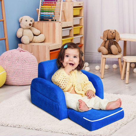 2 In 1 Kids Armchair Sofa Bed Fold Out Padded Wood Frame Bedroom Blue