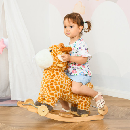 2 In 1 Kids Todder Rocking Horse Plush Ride On Giraffe Rocker with Wheels Wooden Base Animal Sounds for 3-6 Years