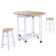 3PC Wooden Kitchen Cart Mobile Rolling Trolley Folding Bar Table Two Stools Dining Chair Storage Shelf w/2 Drawers &amp; 6 Wheels