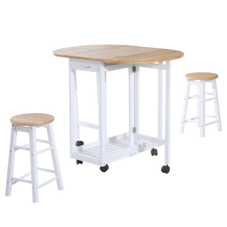 3PC Wooden Kitchen Cart Mobile Rolling Trolley Folding Bar Table Two Stools Dining Chair Storage Shelf w/2 Drawers & 6 Wheels