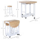 3PC Wooden Kitchen Cart Mobile Rolling Trolley Folding Bar Table Two Stools Dining Chair Storage Shelf w/2 Drawers &amp; 6 Wheels