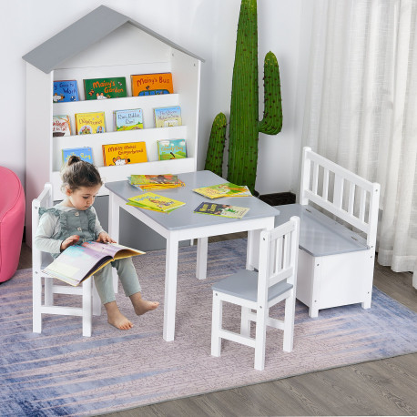 4-Piece Kids Table and Chair Set with 2 Wooden Chairs, 1 Storage Bench, and Interesting Modern Design, Grey/White