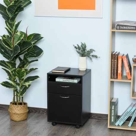 60cm Storage Cabinet with Drawer, Open Shelf, Metal Handles and 4 Wheels, Office Home Organiser Mobile Printer, Black