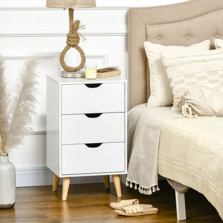 Bedside Table, Bedside Cabinet with 3 Drawers, Small Side Table with Wood Legs and Cut-out Handles for Bedroom, White