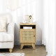 Bedside Table with Rattan Element, Side End Table with Shelf and Cupboard, 39cmx35cmx60cm, Natural