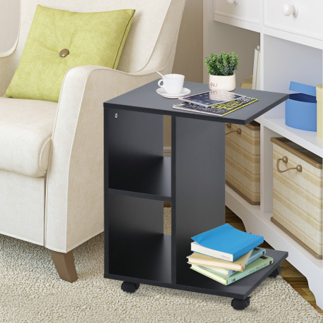 C-Shape End Table Unique Storage Unit w/ 2 Shelves 4 Wheels Freestanding Home Furniture Cabinet Square Black